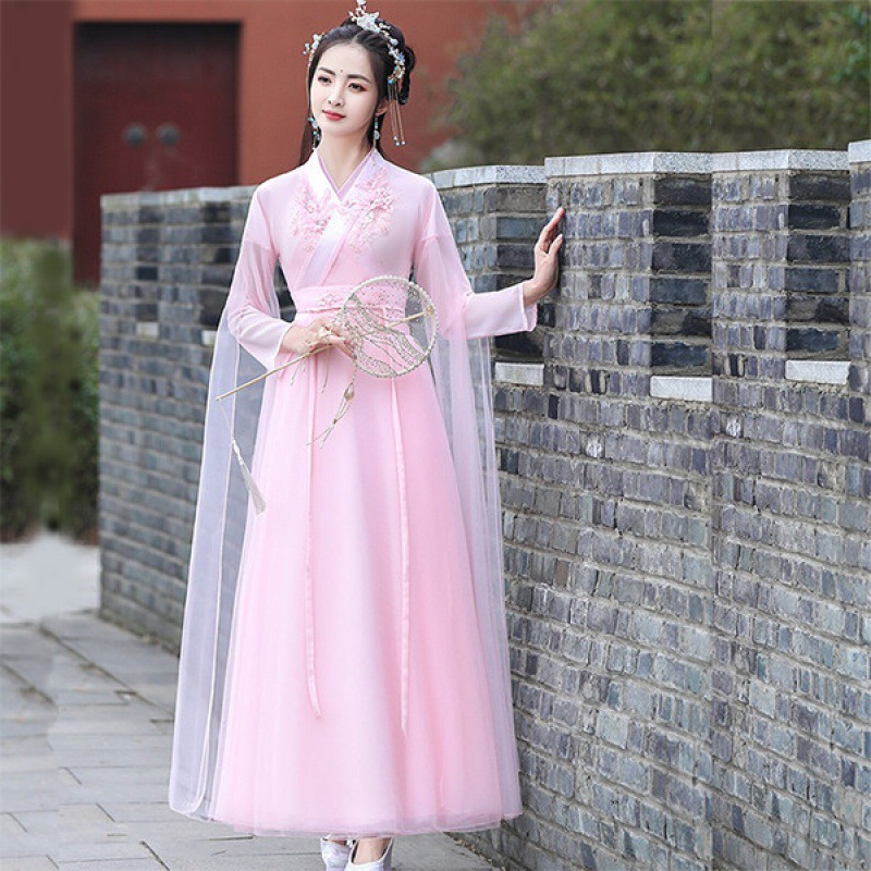 古装女装汉服女交领仙女粉色清新淡雅仙气古风大广袖古筝演出服夏