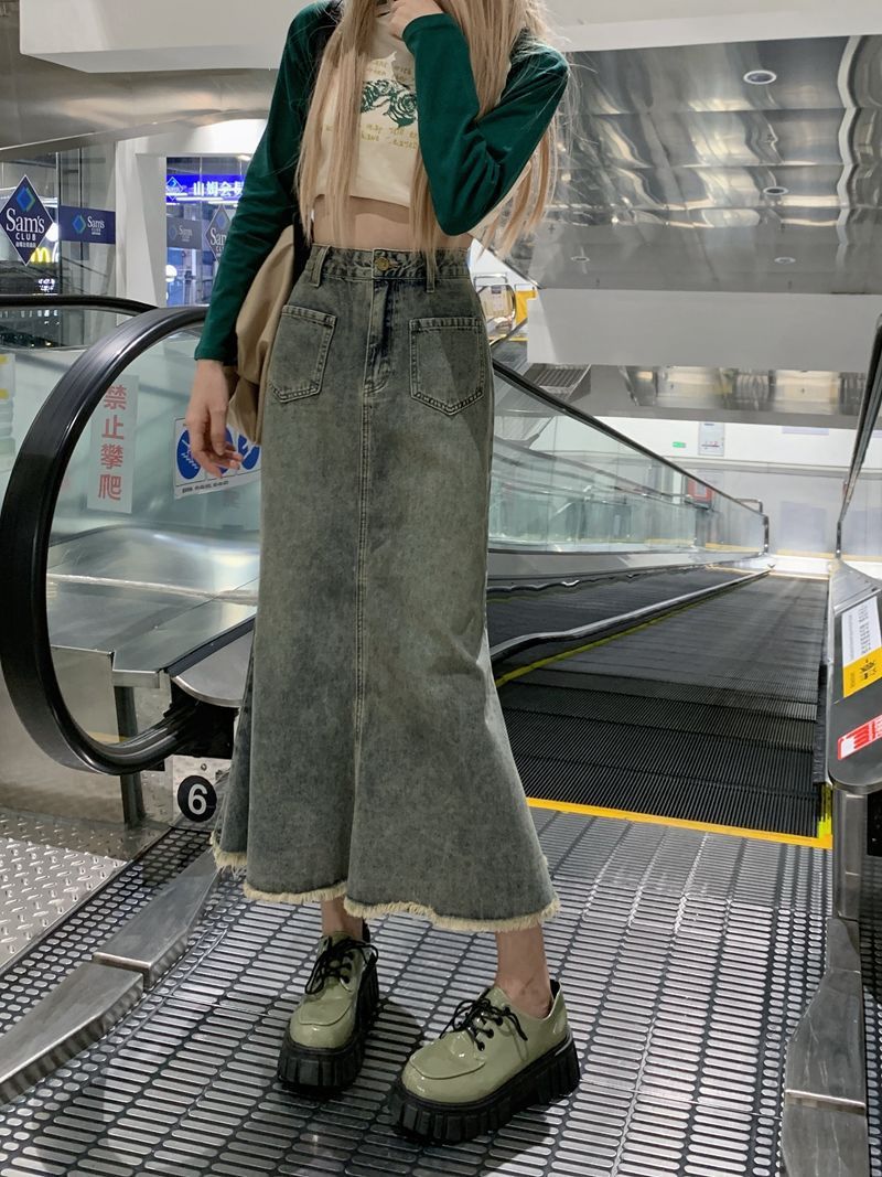 Washed-out Vintage Loose Design High Street Denim Skirt 2022 Spring and Autumn New Niche Frayed Fishtail Skirt for Women
