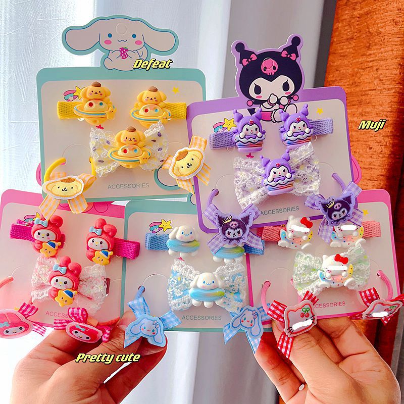 Korean Bow Barrettes Rubber Bands Set Cute Children's Hair Accessories Baby Does Not Hurt Hair a Pair of Hairclips Pairs Tied Cartoon Sanrio