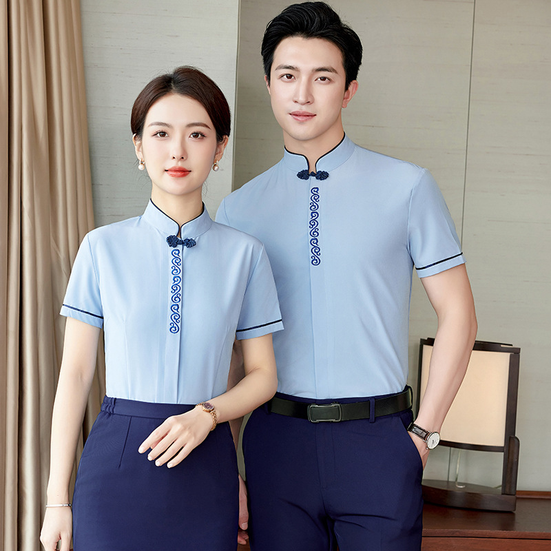 短袖夏季中国风立领男女同款衬衫服务员饭店餐厅工作服职业装套装