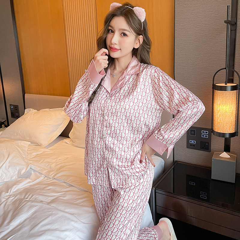 2023 New Ice Silk Pajamas Thin Collarless Cardigan Model Long-Sleeved Trousers Artificial Silk Home Wear Suit