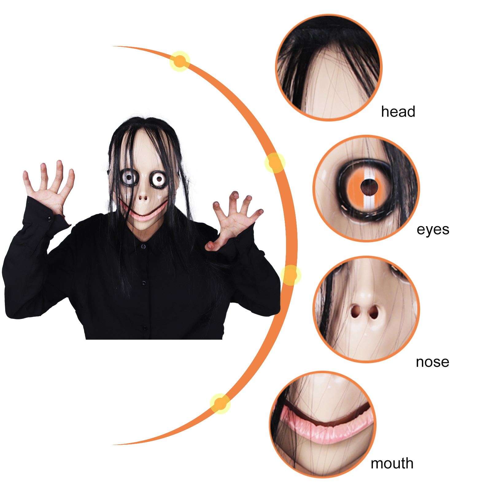 万圣节爆款momo面具 搞怪乳胶全脸长发头套scary恐怖吓人道具批发