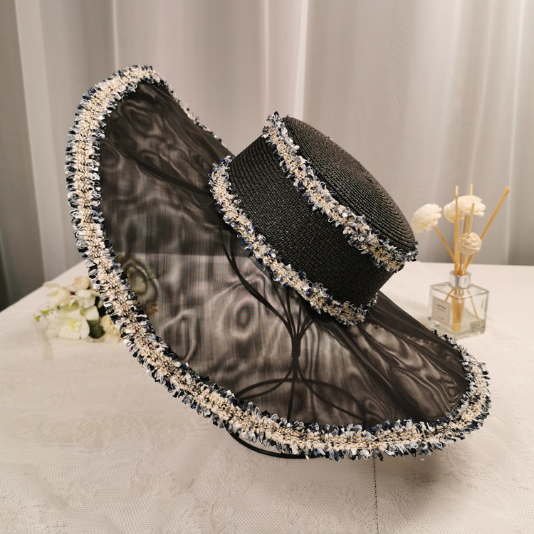 欧美轻奢风花边网纱拼接草帽复古优雅大檐帽名媛气质礼帽黑色帽子