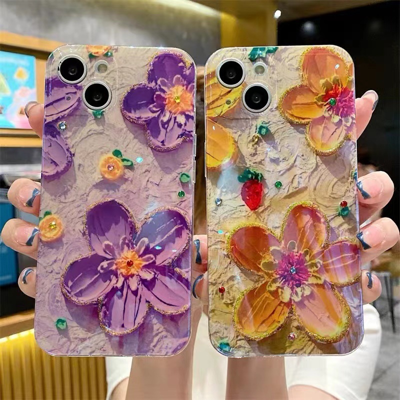 油画花朵适用苹果13手机壳12蓝光点钻iphone11/14pro max硅适用于
