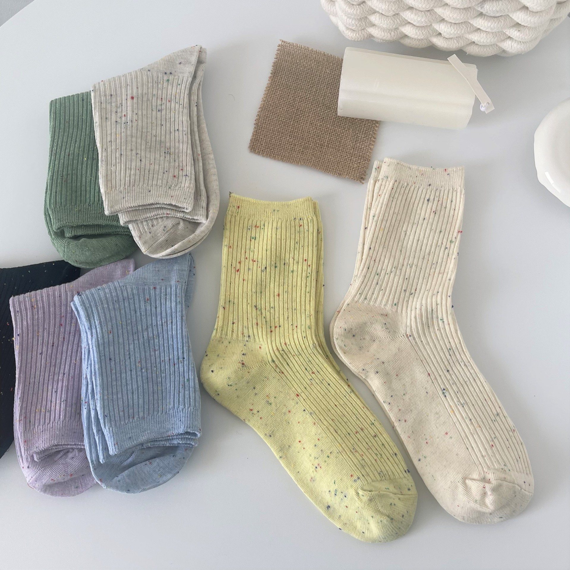 Spring and Summer New Japanese Style NEPs Yarn Tube Socks Solid Color Drawstring Double Needle Socks for Women Sweet Cute Bunching Socks Couple