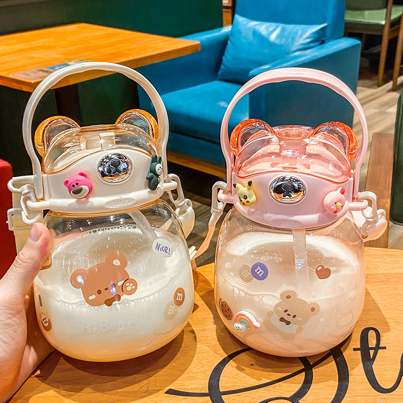 Bear Water Cup Cute Good-looking Girls with Straw Cup Big Belly Cup Plastic Cup Children School Kettle Student