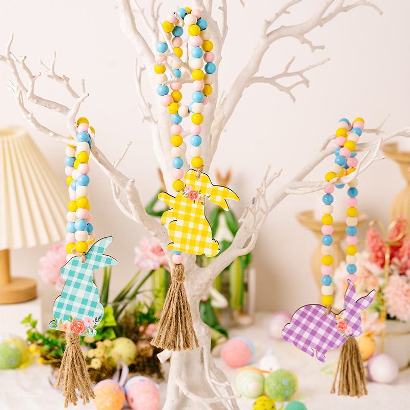 Cross-Border New Easter Decoration Supplies Easter Beads String Pid Printed Rabbit Wooden Pendant Colorful Beads