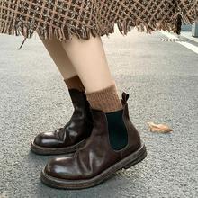 小短靴女秋冬棕色百搭法式复古风褶皱圆头弹力切尔西马丁靴