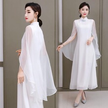 中式女改良禅意中国白色披肩仙连衣裙仙气质改良旗袍汉服复古夏季