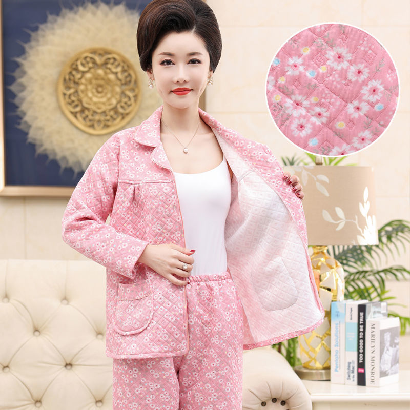 空气棉睡衣秋冬季女三层夹棉长袖中老年人妈妈保暖家居服老人套装