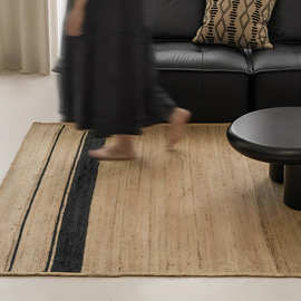 印度纯手工编织地毯黄麻无胶中古侘寂风客厅圆形衣帽间儿童房地垫