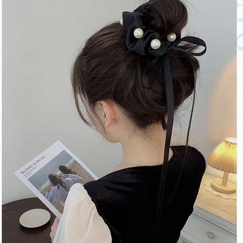 复古优雅黑色高级感珍珠蝴蝶结大肠发圈高弹力扎马尾丸子头神器