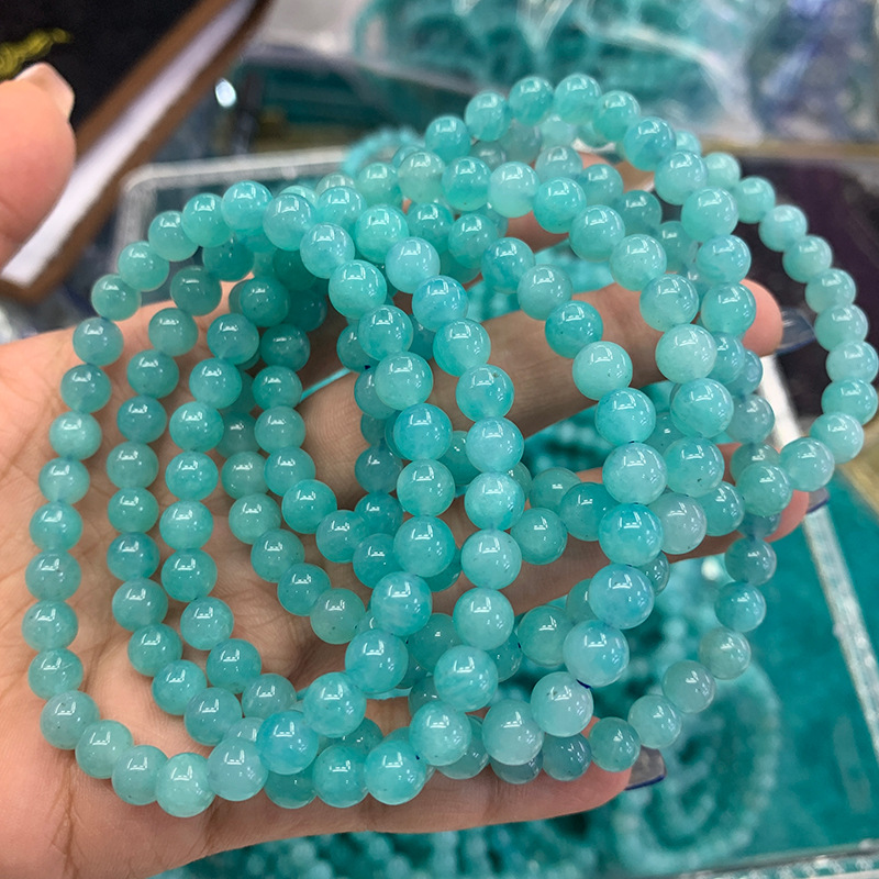 老矿天河石手链 蓝绿色宝石亚马逊石串珠手链 冰种天