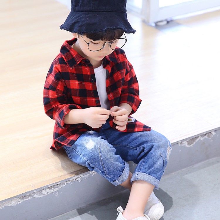 男宝秋装洋气男童红格子衬衫个性男孩衬衣小童韩版潮流帅气-7岁3
