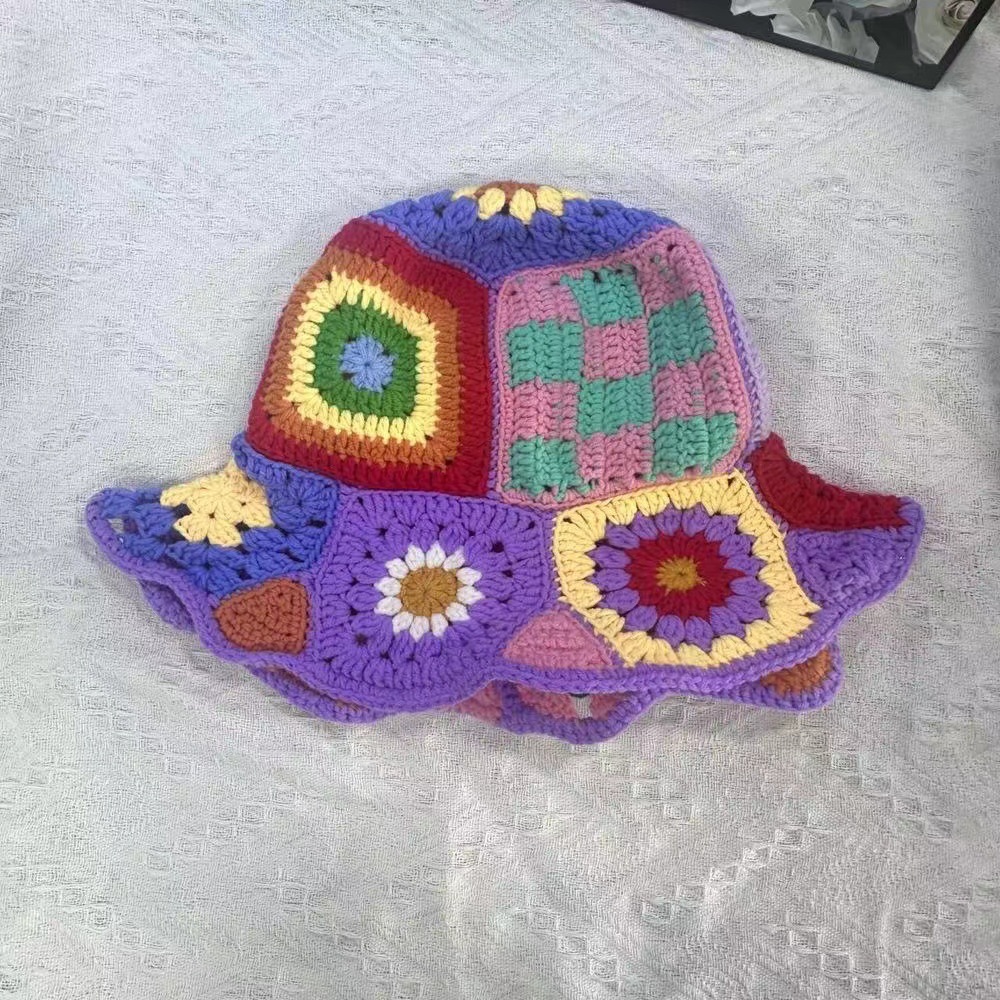 新款泫雅风花朵手工毛线钩针渔夫帽女大帽檐复古祖母格拼接帽