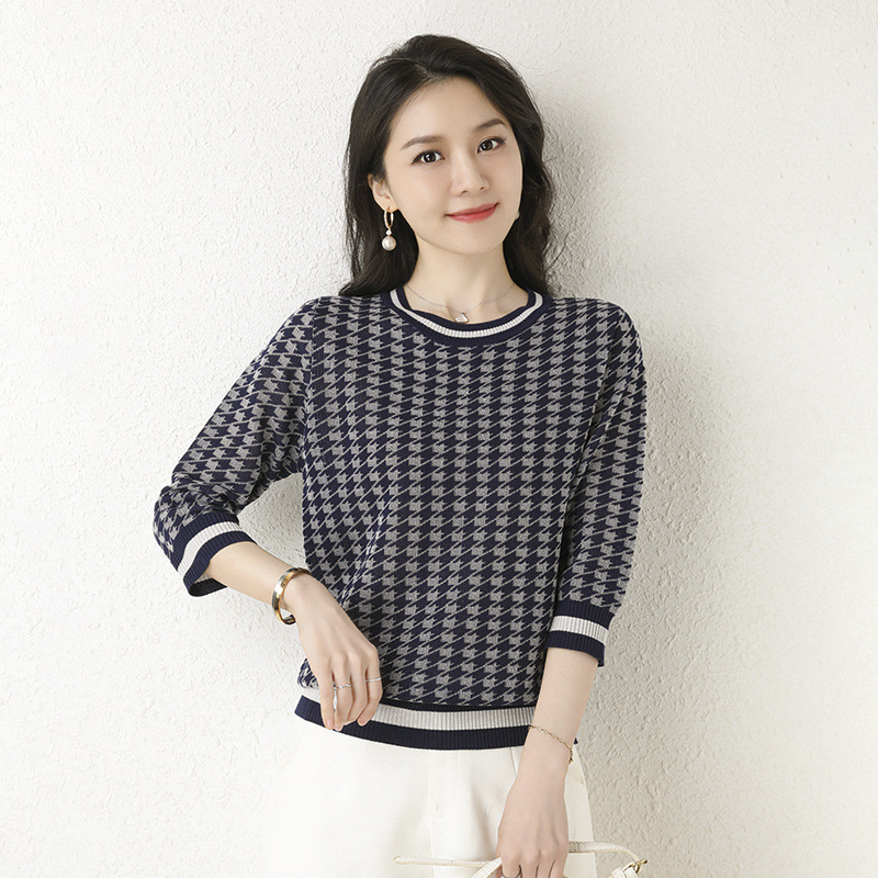 华哥弟情羊毛衫女2022年春装新款时尚七分袖针织衫洋气百搭毛衣女