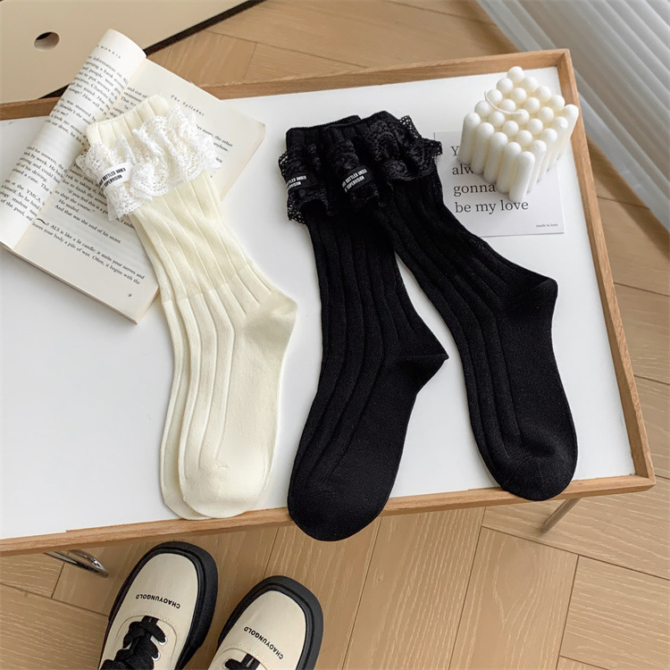 24春季新款袜子韩版黑白系双针蕾丝花边女中筒袜甜美洛丽塔公主袜