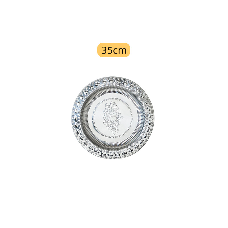 Hz70 Pearl Flower Disk Stainless Steel Embossed Thai round Tray Hotel Restaurant Multi-Purpose Dish Craft Plate Wholesale