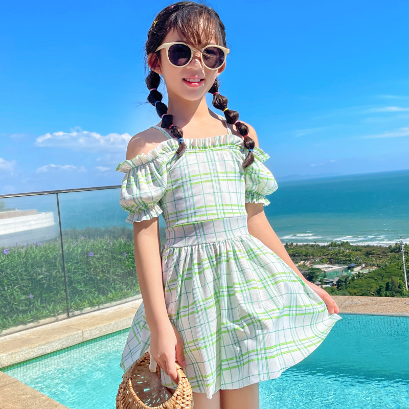 2022儿童泳衣女童夏季中童款连体学生大童中童女格子裙式可爱泳装