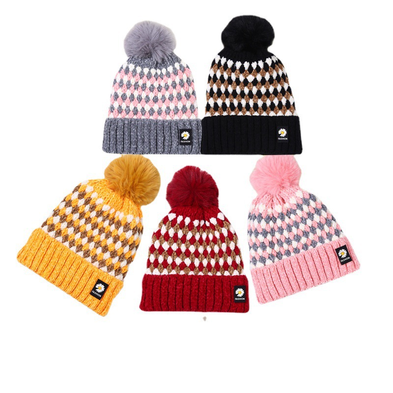 Woolen Cap Women's Korean-Style Ins Autumn and Winter Fleece-Lined Warm Fur Ball Hat Versatile Fashion Parent-Child Knitted Hat