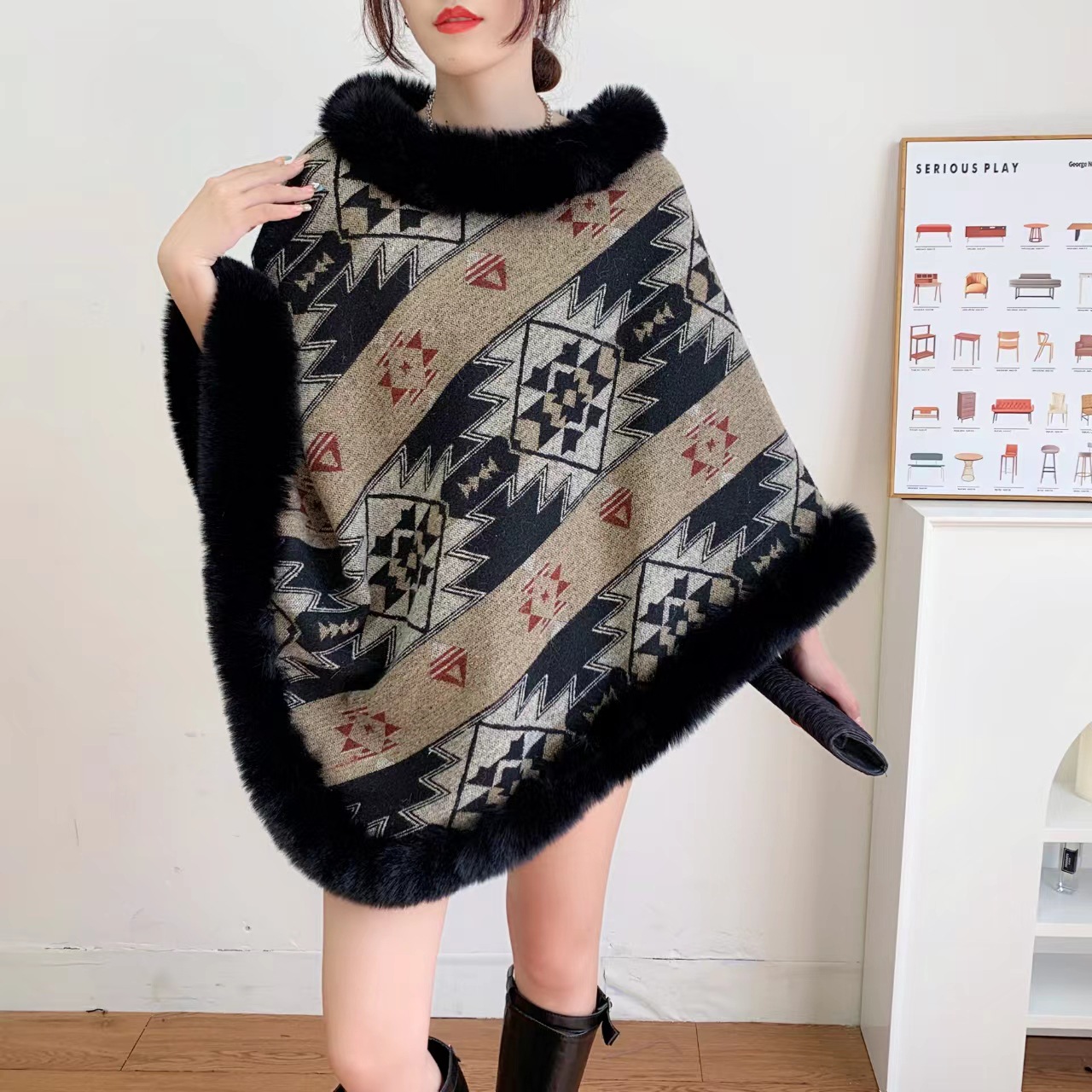 autumn and winter new plaid single-layer cape imitate rex rabbit fur shawl cross-border women‘s clothing for jacquard shawl