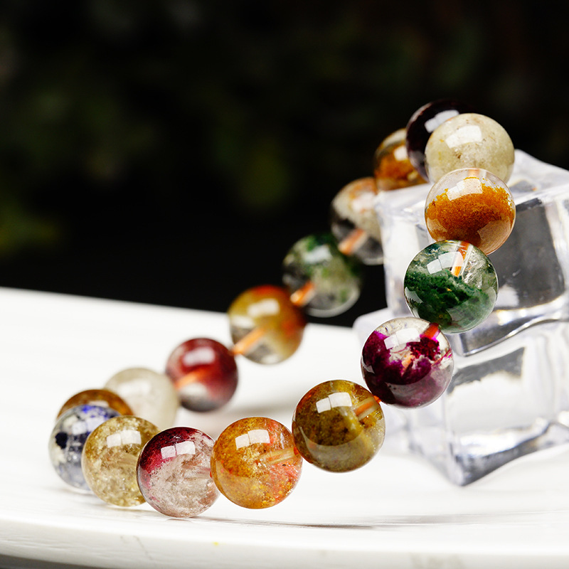 天然四季彩幽灵聚宝盆手链 男女款红绿幽灵 千层纱聚宝盆水晶手串