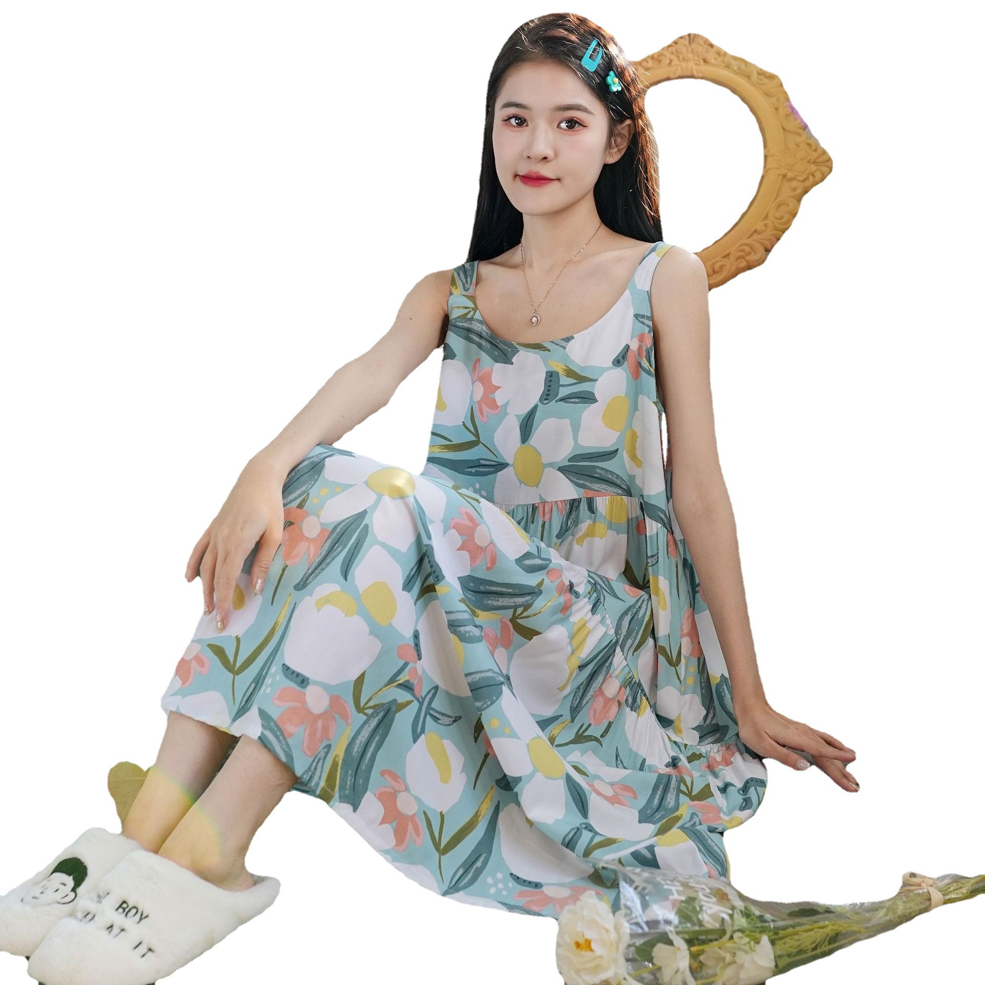 Summer New Artificial Cotton Nightdress Women's Sling Sweet Home Wear Fairy Style Cute Loose Printed Wide Shoulder Strap Nightdress