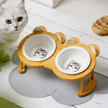 猫碗双碗猫粮盆猫咪用品陶瓷宠物狗饭碗饮水斜口架保护颈椎猫食盆