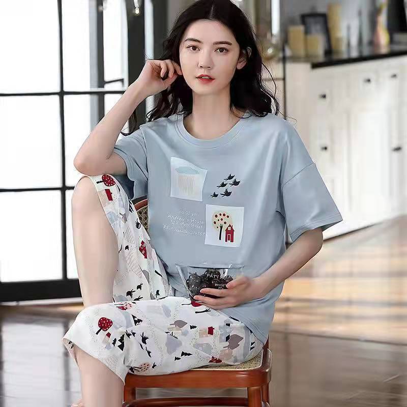 Cross-Border Pajamas Women's Summer Short-Sleeved Cropped Pants Pullover round Neck Printed Girls' Spring and Autumn Widened Homewear Suit