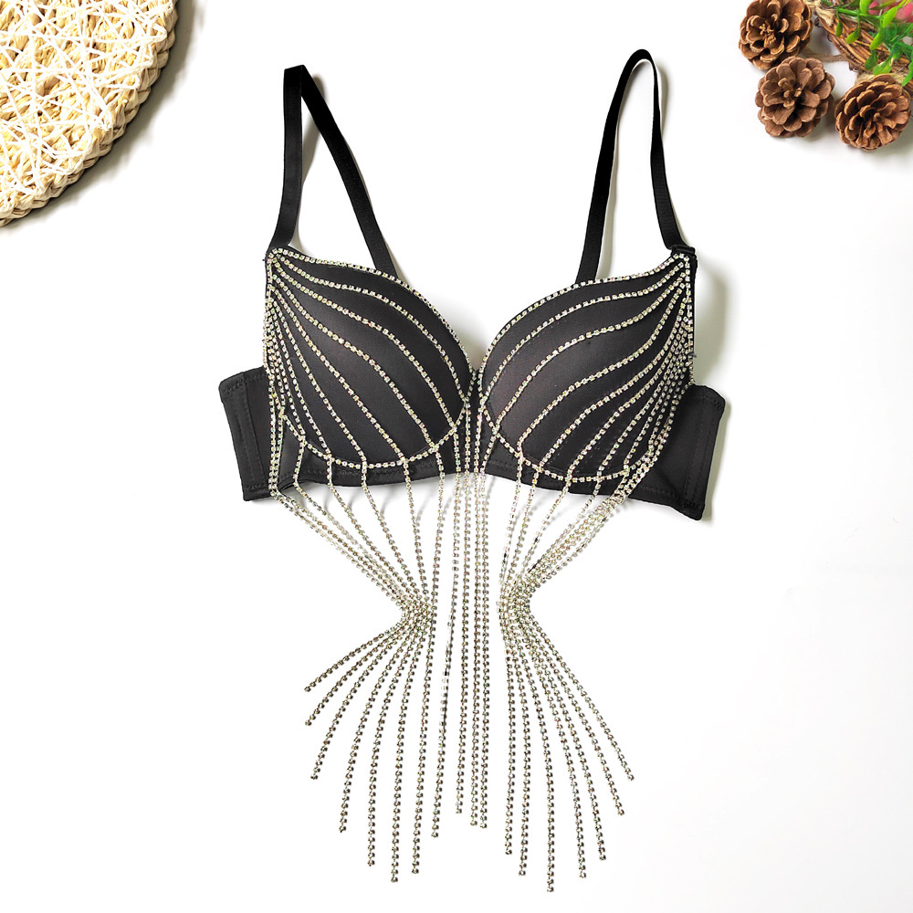 欧美跨境水钻流苏吊带源头工厂批发美背抹胸夜店舞台风纯欲小文胸