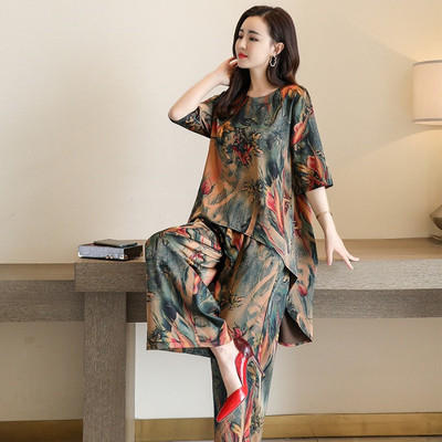 阔太太休闲套装女夏2021新款女装时尚仿真丝妈妈装阔腿裤女两件套