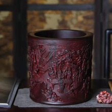 印度小叶紫檀笔筒 西园雅集图 纯手工雕刻收藏高油密老料金星礼品