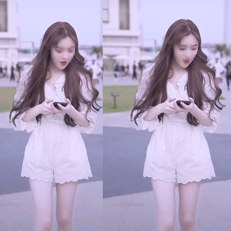 戴羽彤抖音同款白色荷叶边设计感连体裤夏季气质休闲短裤潮64396