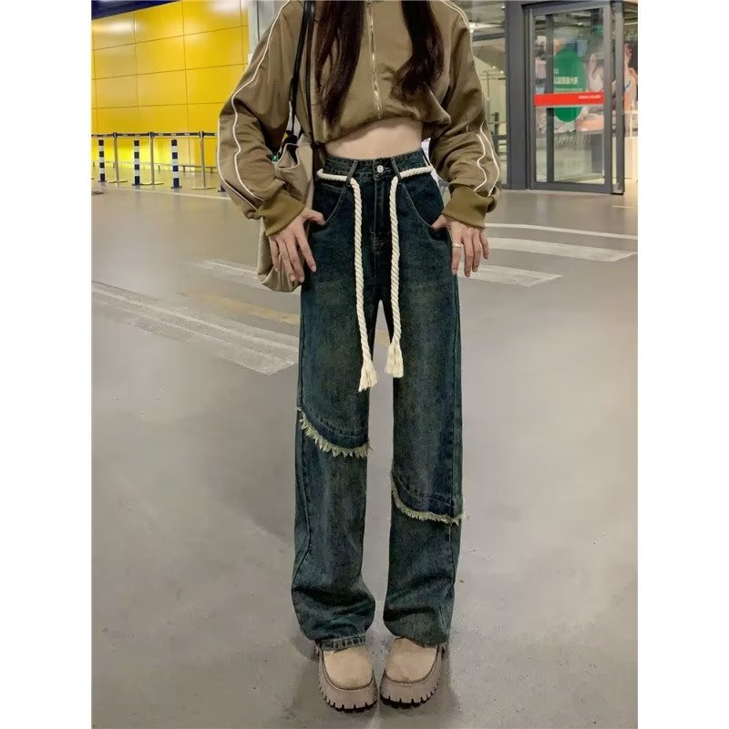 American Retro Lazy Style Jeans for Women 2023 Spring and Autumn New Straight Pants Loose Slim-Fit Wide-Leg Pants Tide