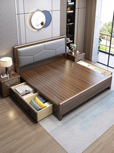 胡桃木实木床1.8米主卧现代简约双人床1.5中式轻奢家具软靠高箱床