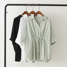 夏季新款韩版宽松大码显瘦抽绳V领铜氨丝衬衫女短袖垂感衬衣上衣