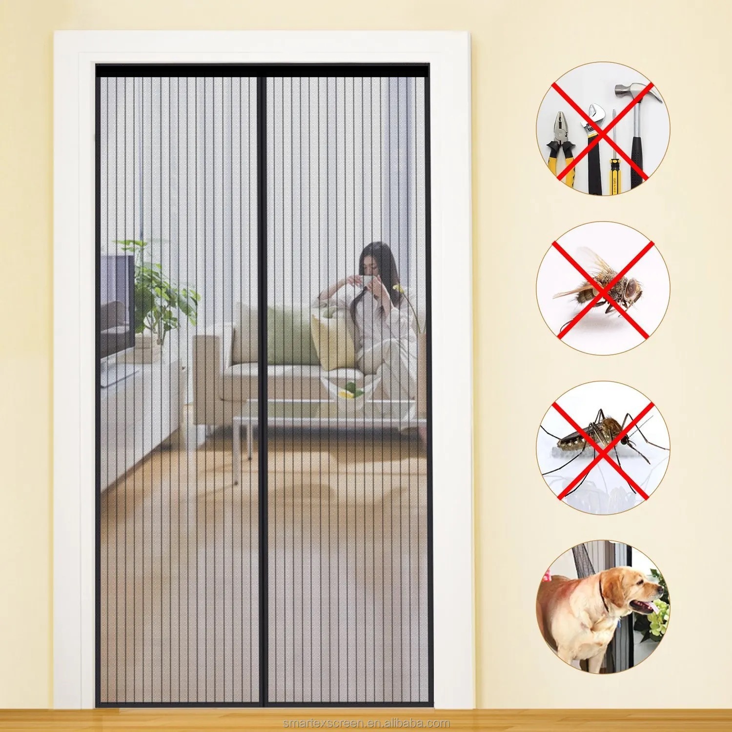 跨境热销条纹磁性网纱门防蚊门帘磁吸门帘免打孔魔术胶车库门简装