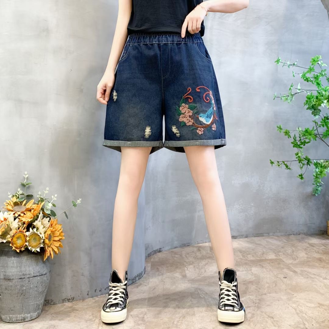牛仔短裤 2024夏季新款 刺绣松紧腰水洗磨白版型好百搭女士三分裤
