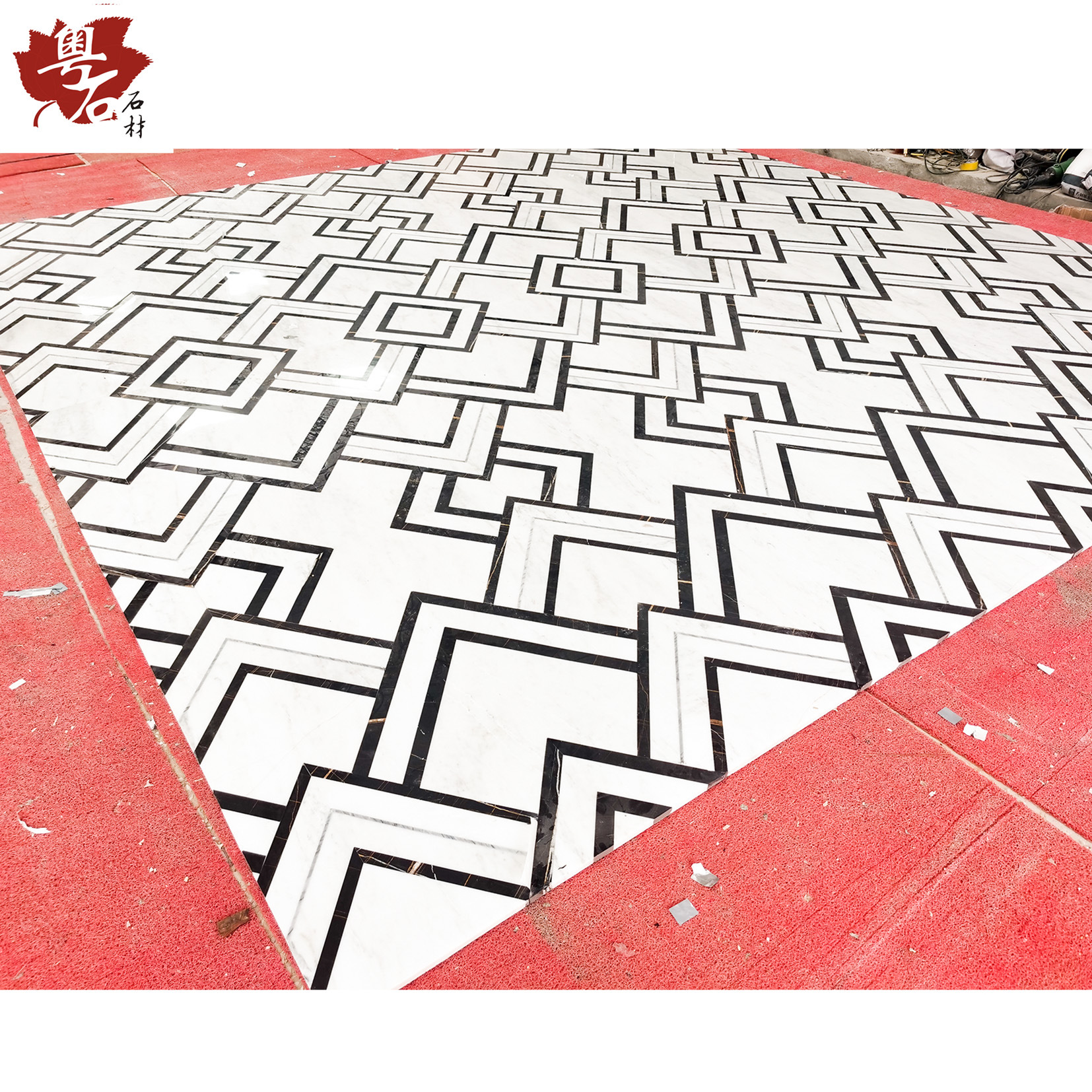 厂家供应定制黑白色大理石水刀拼花简约时尚客厅地面