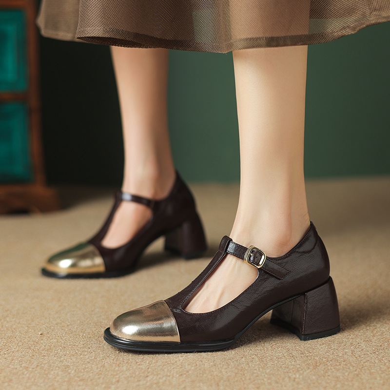 公主小皮鞋春夏季新款鞋子圆头粗跟高跟鞋拼色搭扣玛丽珍鞋女单鞋