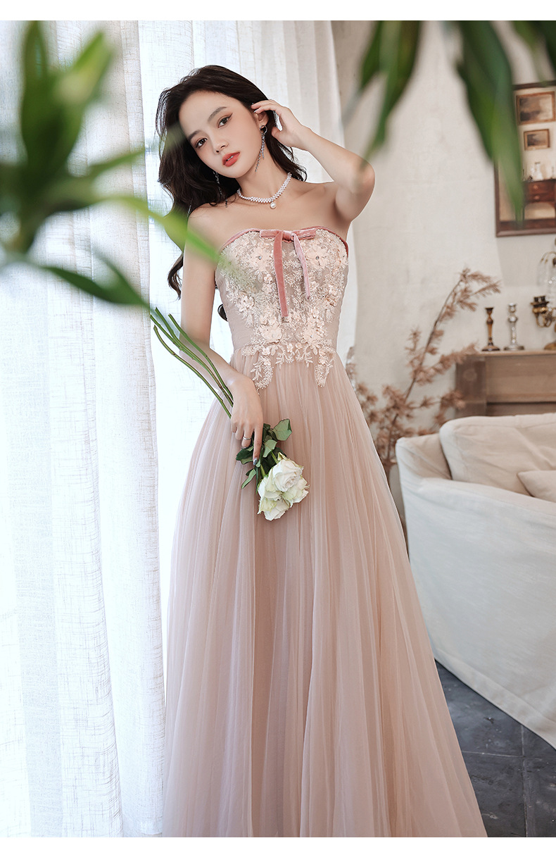 新娘敬酒服抹胸粉色长款气质连衣裙宴会晚礼服年会主持人礼服纱裙