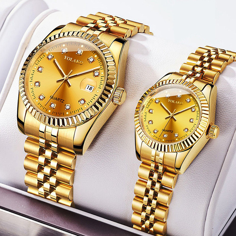 diamond surface steel belt calendar watch women‘s simple casual student fashion quartz golden suit men‘s watch couple