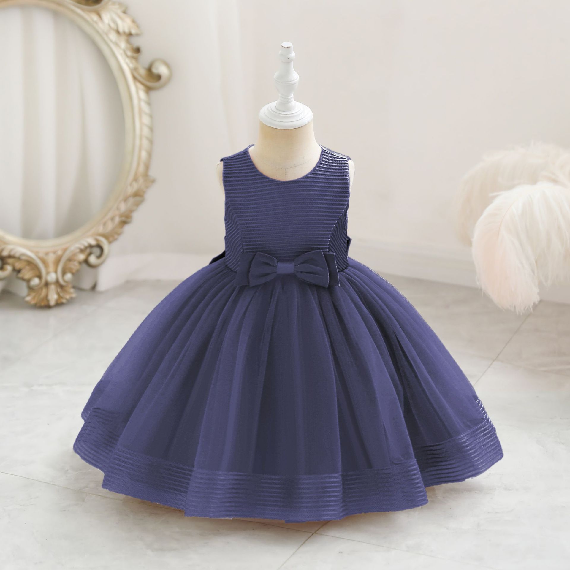 跨境儿童礼服网纱条纹公主裙小女宝宝周岁生日蓬蓬纱裙baby dress