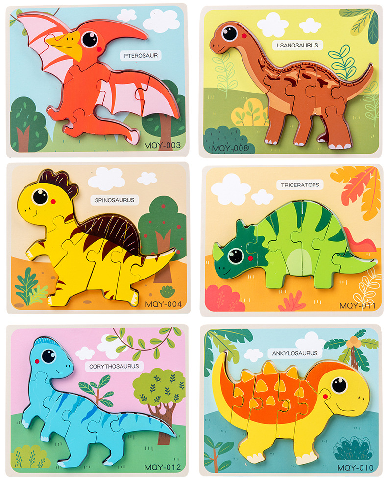 卡通侏罗纪恐龙系列3d立体卡扣木质拼图早教启蒙配对思维宝宝拼板
