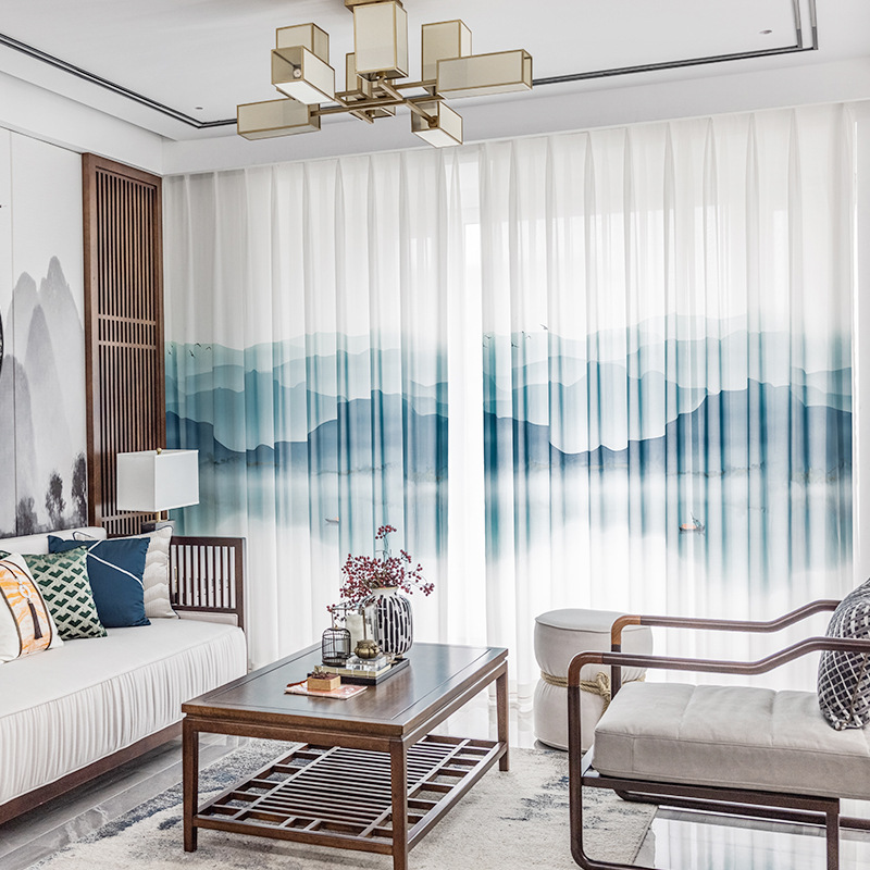 2021新款窗帘新中式风格客厅轻奢纱帘风水墨山水画透光不透人