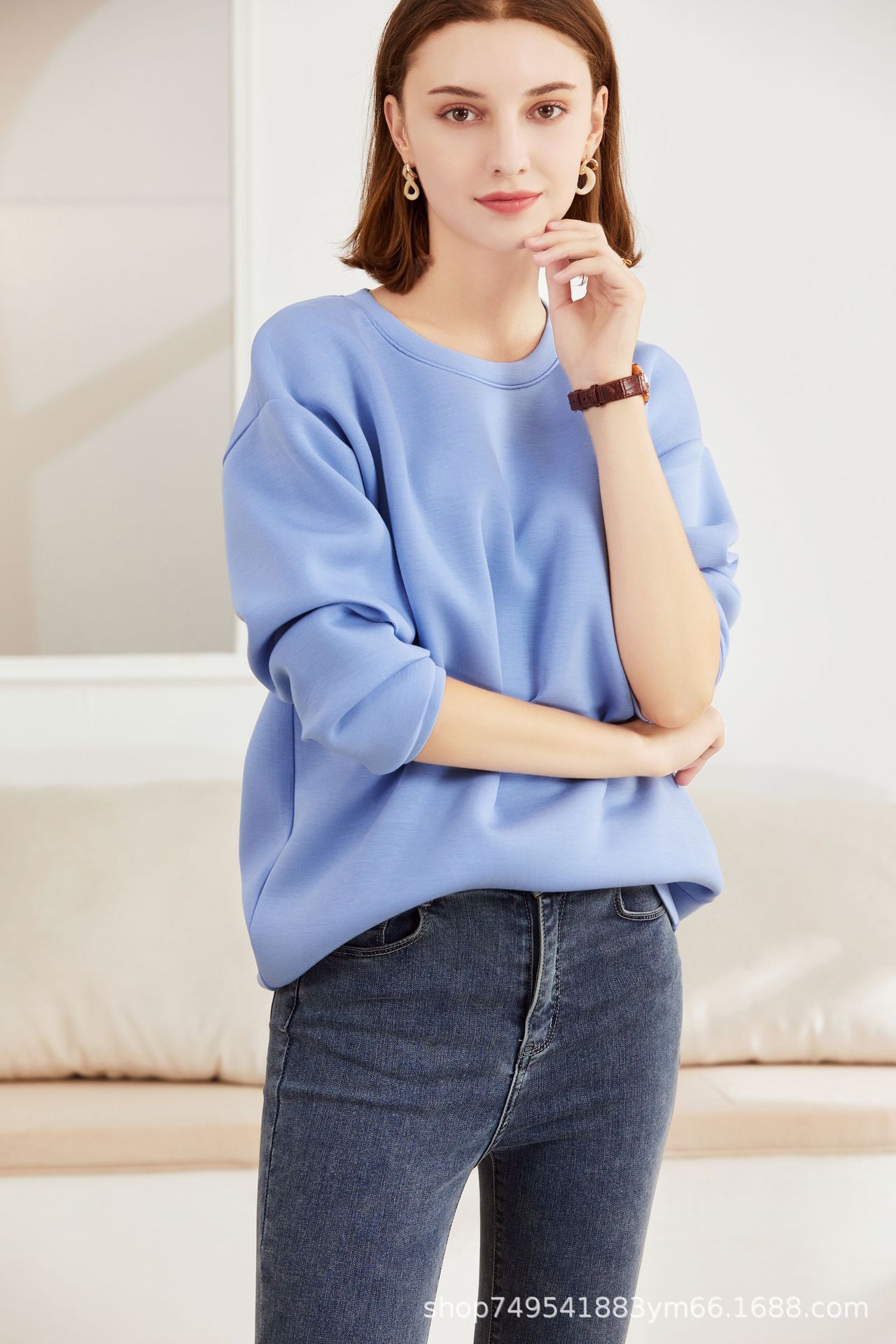 60支空气层纯色t恤女长袖2021秋冬新品圆领宽松中长款t恤打底衫女