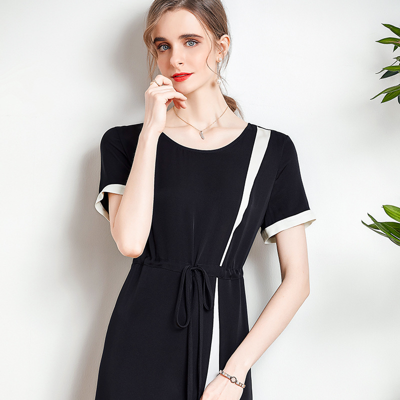 真丝连衣裙 高档重磅双乔高个子高端欧货收腰撞色新款