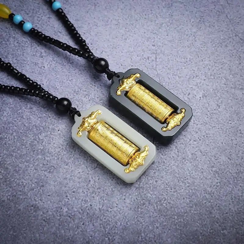 天然金镶和田玉转运筒吊坠999足金男女吊坠墨玉百福真金吊坠