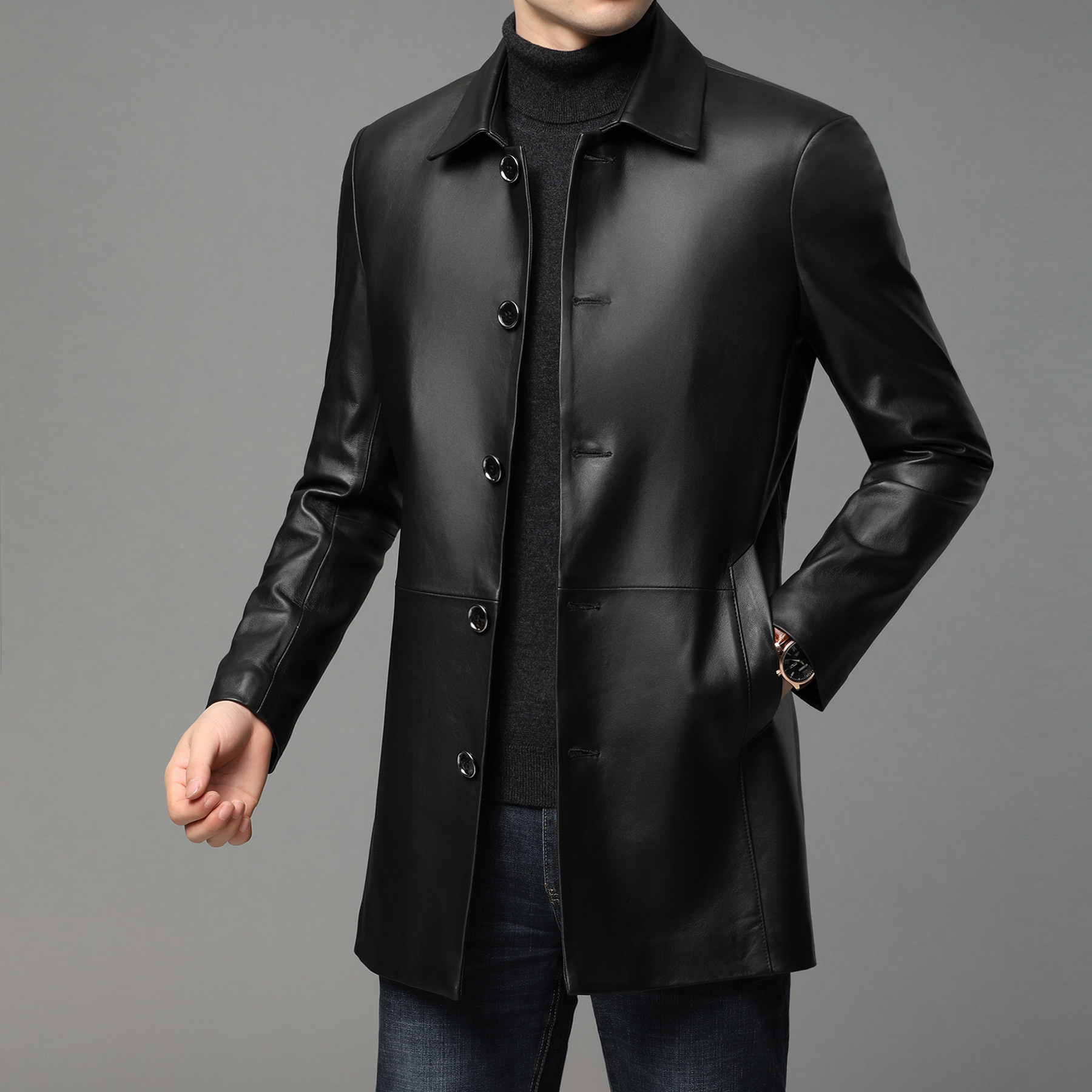 海宁真皮皮衣男风衣绵羊皮帅气皮西服男士中长款皮夹克外套薄款潮