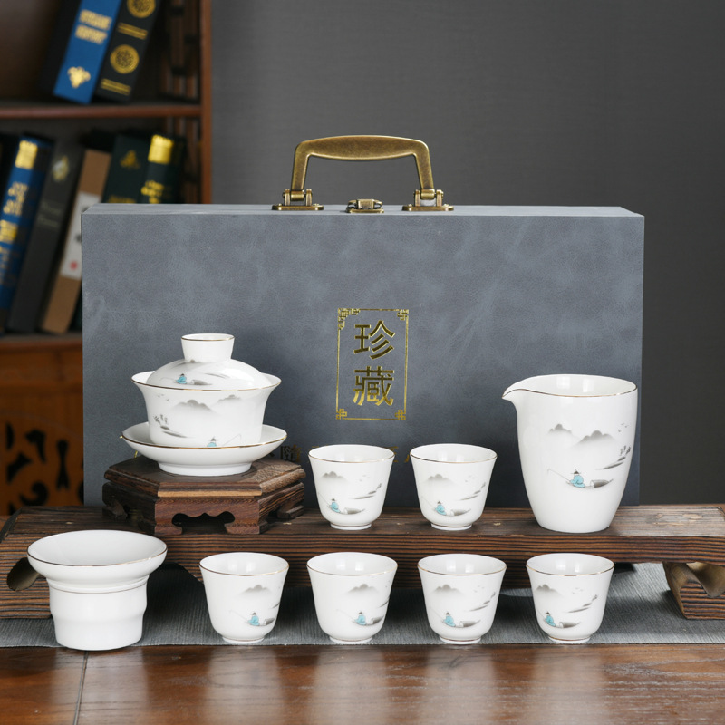 High-End White Jade White Porcelain Sets Kung Fu Tea Set Gold Gaiwan Set Company Gifts Can Add Logo Present for Client